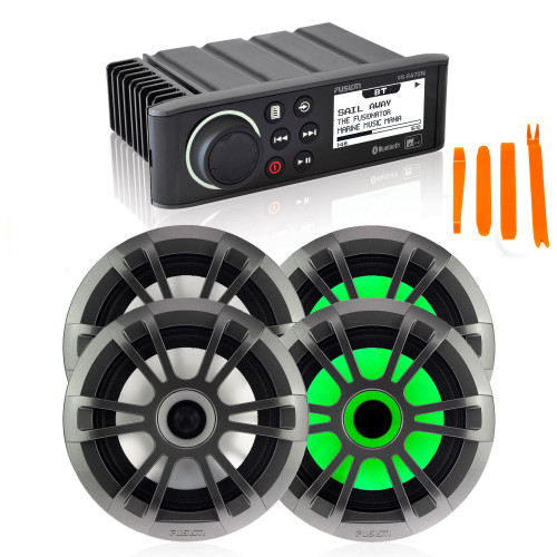 Fusion MS-RA70N Marine AM/FM/BT/NEMA2000 Stereo with 2 Pair Fusion EL-FL651SPG EL Series 6.5" Shallow Mount RGB LED, Sports Grey Grille