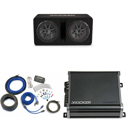 Kicker 48DCVR122 CompVR 12" dual subs in vented box & 46CXA800.1 Amp, CK4 Amp Kit Bundle