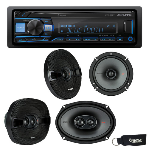 Alpine UTE-73BT Bluetooth Receiver (No CD), a Pair of 44KSC6504 6.5" Speakers, and 44KSC69304 6x9" Speakers