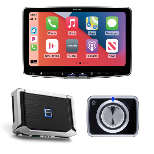 Alpine Halo11 ILX-F511 CarPlay/Android Auto Receiver with Alpine X-A90V 900W 5-CH Amp, and RUX-H02 Volume/Bass Knob