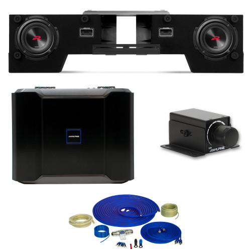 Alpine R2-DB8V-TRK Dual 8" Halo R-Series Preloaded Truck Subwoofer Enclosure with Alpine R-A75M R-Series 750 Watt Mono Amp, RUX-KNOB.2 Bass Knob, and 4GA Wiring Kit
