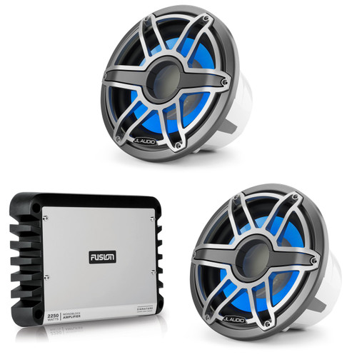 JL Audio (2) M7 12" Marine LED Subwoofer, Sport Grill Gunmetal w/ Fusion SG-DA12250 Amplifier