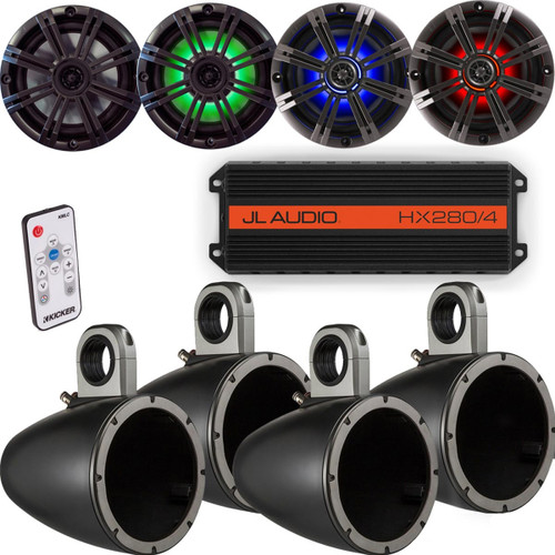 JL Audio HX280/4 Powersports Amp with Kicker Pair of KMTES speaker enclosures and LED OEM 6.5" Kicker Marine Speakers