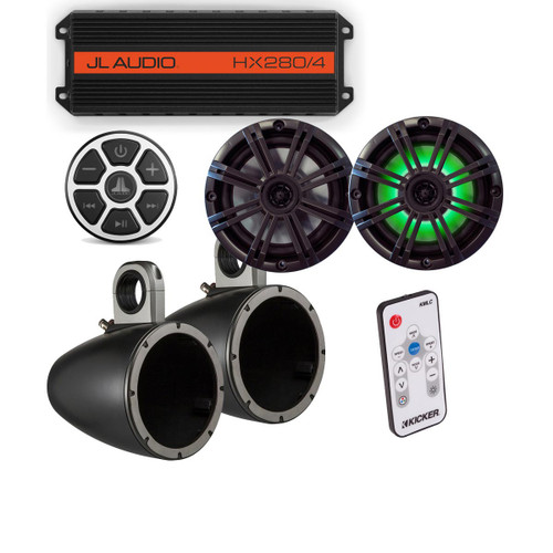 JL Audio HX280/4 Amp,MBT-CRX Bluetooth Receiver with Kicker KMTES speaker pods and OEM LED 6.5" Kicker Marine Speakers