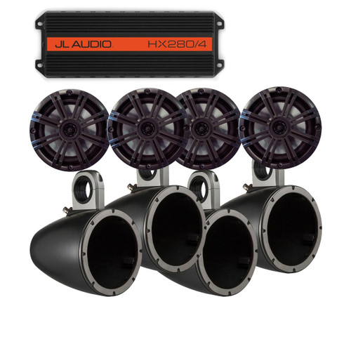 JL Audio HX280/4 Powersports Amp with Pair of Kicker KMTES speaker enclosures and OEM 6.5" Kicker Marine Speakers