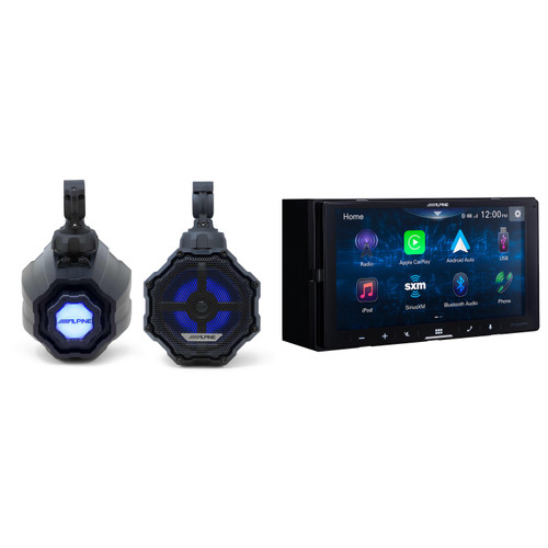 Alpine iLX-W670-S Receiver w/SPV-65RGB-CAN 6.5” Cage-Mounted Universal Weather-Resistant Coaxial RGB LED Speaker Pods