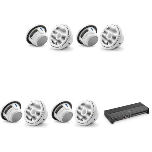 JL Audio XDM800/8 w/ (4) M6-770X-C-3Gw 7.7, Gloss White, White Tweeter, Classic Grille Speakers