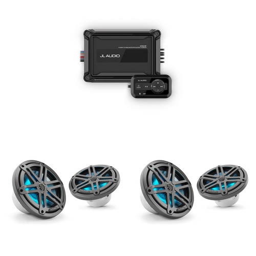 JL Audio Marine AP200/4BT Bluetooth Amplifier w/ ( 2 Pair ) M3-770X-S-Gm-i - M3 7.7" Marine Coaxial Speakers (pair) - LED Gunmetal Sport Grilles