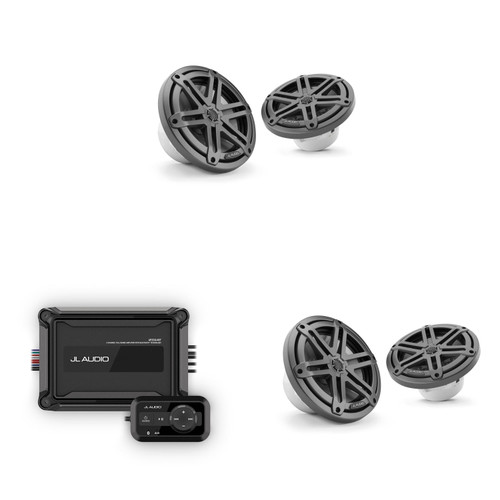 JL Audio Marine AP200/4BT Bluetooth Amplifier w/ ( 2 Pair ) M3-770X-S-Gm - M3 7.7" Marine Coaxial Speakers (pair) - Gunmetal Sport Grilles