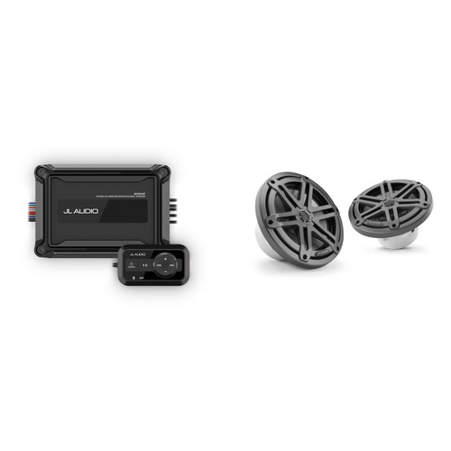 JL Audio Marine AP200/4BT Bluetooth Amplifier w/ M3-770X-S-Gm - M3 7.7" Marine Coaxial Speakers (pair) - Gunmetal Sport Grilles