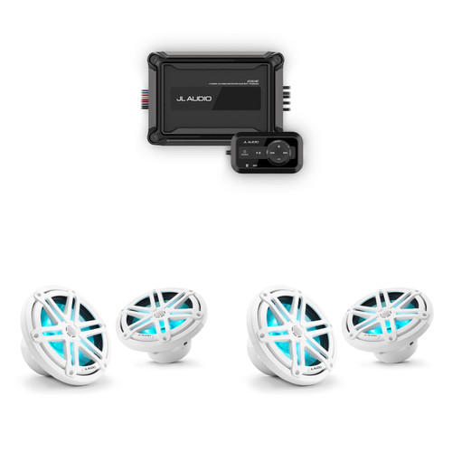 JL Audio Marine AP200/4BT Bluetooth Amplifier w/ ( 2 Pair ) M3-770X-S-Gw-i - M3 7.7" Marine Coaxial Speakers (pair) - LED Gloss White Sport Grilles