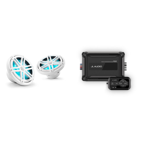 JL Audio Marine AP200/4BT Bluetooth Amplifier w/ M3-770X-S-Gw-i - M3 7.7" Marine Coaxial Speakers (pair) - LED Gloss White Sport Grilles
