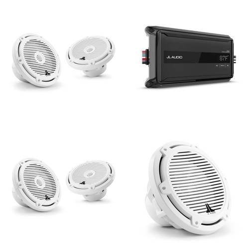 JL Audio Marine Bay Boat Center Console Marine speaker, sub and AP amp bundle (4) 7.7" (1) 10" subwoofer M3 Classic Grille White