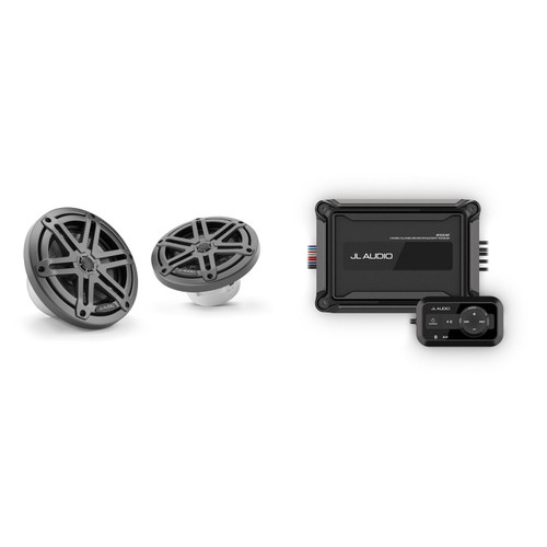 JL Audio Marine AP200/4BT Bluetooth Amplifier w M3-650X-S-Gm - M3 6.5" Marine Coaxial Speakers (pair) - Gunmetal Sport Grilles