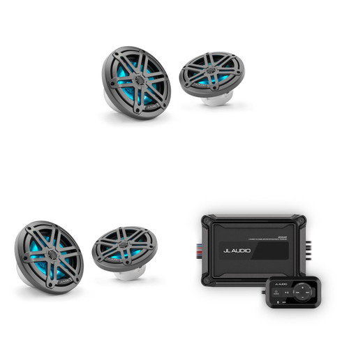 JL Audio Marine AP200/4BT Bluetooth Amplifier w (2 Pair ) M3-650X-S-Gm-i LED 6.5 Sport Grill Gunmetal Speakers