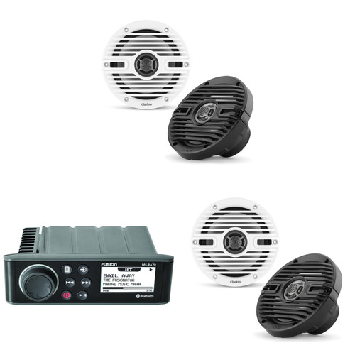 Fusion MS-RA70 Source Unit w/ ( 2 Pair ) Clarion CMS-651-CWB 6.5-inch Coaxial Marine Speakers ( Includes White & Black Classic Grilles )