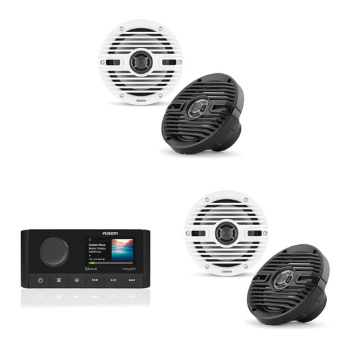 Fusion MS-RA210 Source Unit w/ ( 2 Pair ) Clarion CMS-651-CWB 6.5-inch Coaxial Marine Speakers ( Includes White & Black Classic Grilles )