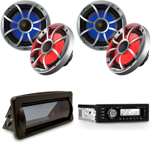 Clarion Marine Boat Audio Upgrade M508 Source Unit, Marine Cover, (2 Pair ) OE-65ic-S-RGB 6.5" OEM Replacement Speakers with Silver Grill and RGB Lighting Bundle