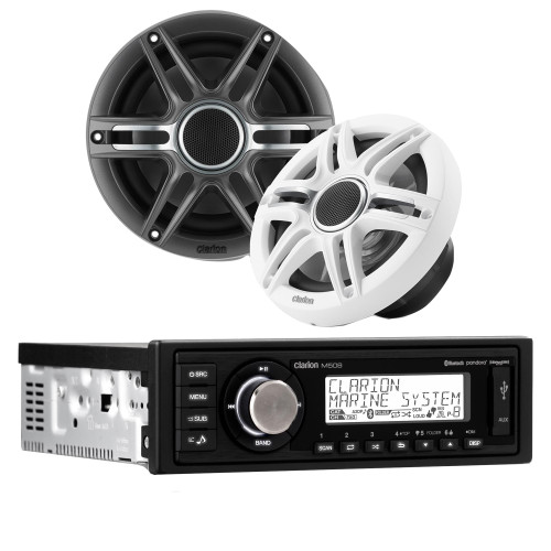 Clarion M508 Marine Single Din with CMSP-651-SWG 6.5-inch Premium Marine Coaxial Speakers, Sport Grilles