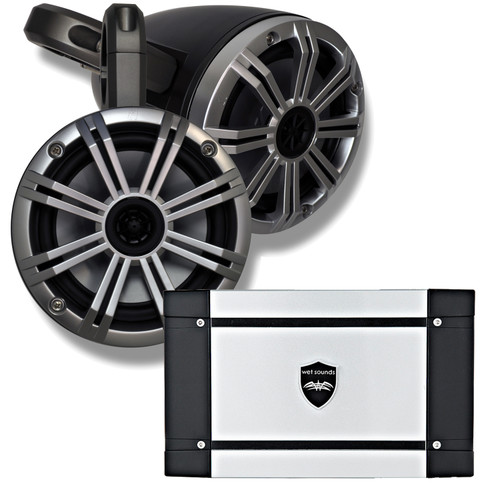 Kicker Marine Black Wake Tower System w/ Silver 6.5 Speakers, Wet Sounds HT-4 400 Watt Marine Amp