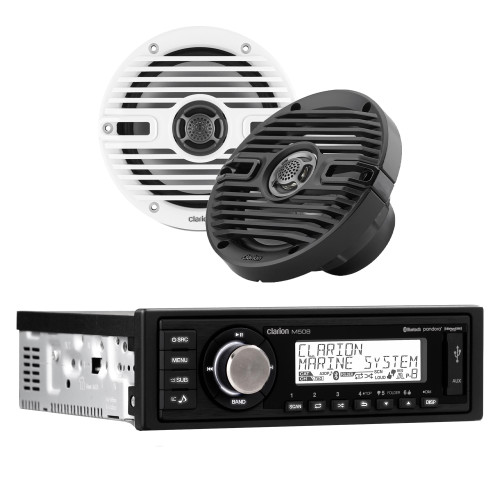 Clarion M508 Marine Single Din with CMS-651-CWB 6.5-inch Marine Coaxial Speakers, Classic Grilles
