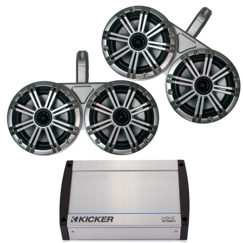 Kicker White Marine Dual Wake Tower System w/ 4 Silver 6.5 Speakers, Kicker 40KXM400.4 400 Watt Amplifier