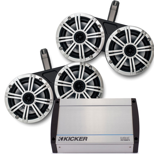 Kicker Marine Dual Wake Tower System w/ 4 Silver 6.5 Speakers, Kicker 40KXM400.4 400 Watt Amplifier