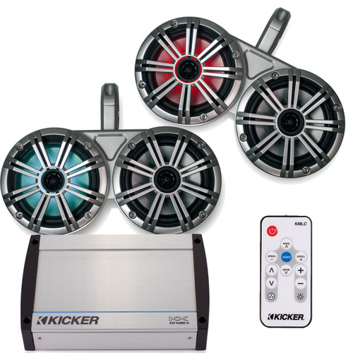Kicker White Dual Wake Tower System w/ 4 Silver 6.5 LED Speakers, LED Remote and Kicker 40KXM400.4 400 Watt Amplifier
