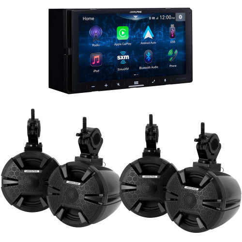 Alpine ILX-W670 Receiver w/ (2) SPV-65RGB-CAN 6.5” Cage-Mounted Universal Weather-Resistant Coaxial RGB LED Speaker Pods