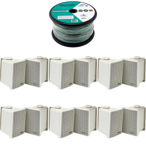 Kicker (6 Pair ) KB6B 2-Way Full Range Indoor Outdoor Speakers (Pair) Weatherproof Speakers for Patio Garage Poolside in-Home, Gray & 400ft Marine Speaker Wire Bundle