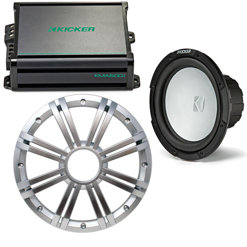 Kicker 10 Inch LED  Marine Subwoofer (Silver) 600 Watt Amplifier Bundle