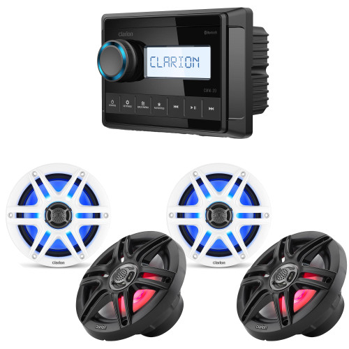 Clarion CMM-20 Marine Source Unit with LCD Display with (2) CMS-651RGB-SWB 6.5-inch LED RGB Marine Coaxial Speakers, Sport Grilles