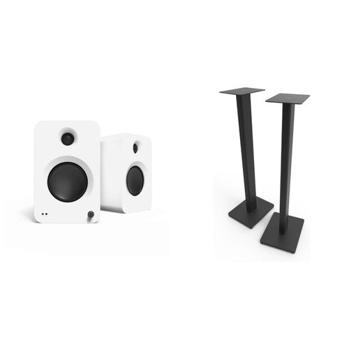 Kanto Ren Powered Speaker System - White, and Kanto ST34 Speaker Stands - Black