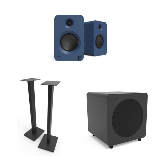Kanto Ren Powered Speaker System - Matte Blue, Kanto ST34 Speaker Stands - Black and Kanto powered sub - Black