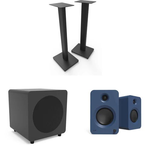 Kanto Ren Powered Speaker System - Matte Blue, Kanto ST28 Speaker Stands - Black and Kanto powered sub - Black