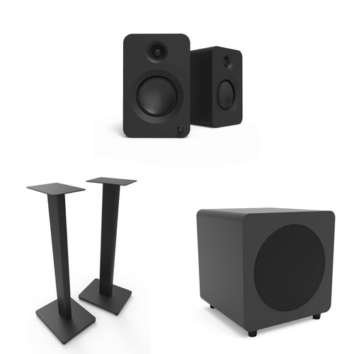 Kanto Ren Powered Speaker System - Black, Kanto SUB8 Powered 8in Subwoofer- Black and Kanto ST Speaker Stands - Black