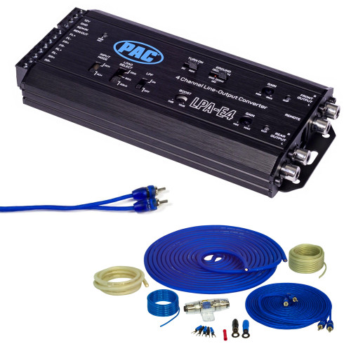 Stinger SS1200XS 4 Gauge Pure Copper Wiring Kit with LPA-E.4 LOCPRO ADVANCED 2 or 4 Channel Input-4 Channel Output, Line Output Converter w/ Remote Turn-On Circuit, and Remote Bass Control Included, and a Second Set of SSRCB17 17' RCA Cables