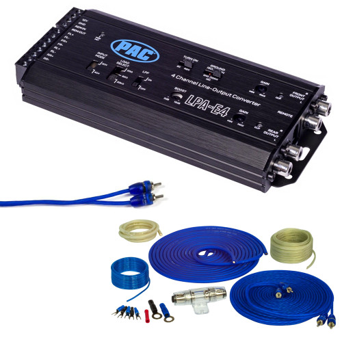 Stinger SS600XS 8 Gauge Pure Copper Wiring Kit with LPA-E.4 LOCPRO ADVANCED 2 or 4 Channel Input-4 Channel Output, Line Output Converter w/ Remote Turn-On Circuit, and Remote Bass Control Included, and a Second Set of SSRCB17 17' RCA Cables