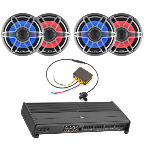 JL Audio Center Console Bay Boat Marine speaker and amp bundle (4) 8.8" Speakers M6 Sport Grille Gunmetal Titanium LED RGB