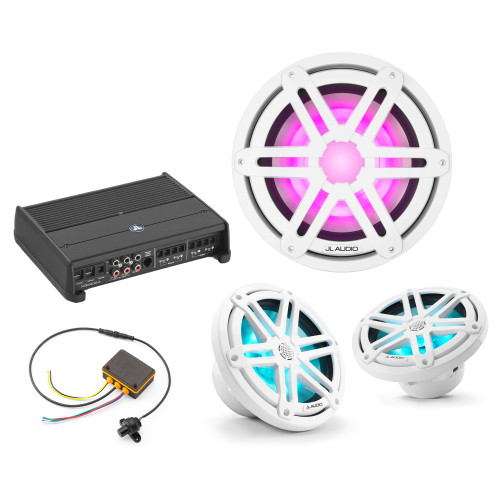 JL Audio Bay Boat Marine speaker, sub and amp bundle (2) 7.7" (1) 10" subwoofer M3 Sport Grille White LED RGB
