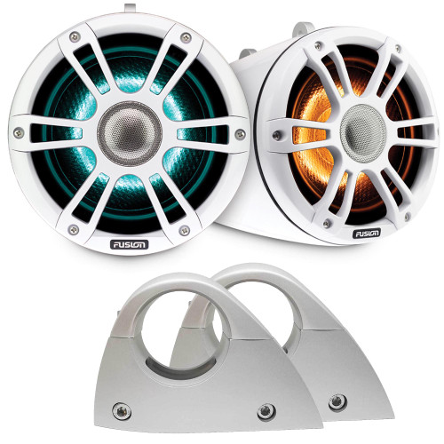 Fusion SG-FLT652SPW 6.5'' Sports White Tower Speakers, RGBW LED with SG-FTMNTSR Fusion Tower Speaker Clamp, Fixed, 2NPS/60.33/2.37" OD