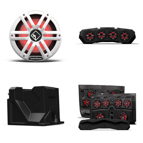 Rockford Fosgate Polaris Ranger Audio Bundle – Multi Amplifier Roof & Rear Speaker System, 12×8” LED Speakers and 2 10" M2D2-10IB Subs Plus 1 10" M2D2-10IB White & Stainless grilles with Under Seat box Fits 2018+ 4-Door Ranger