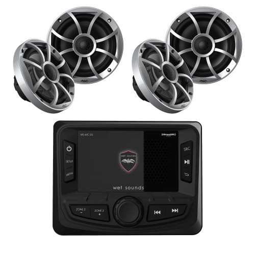 Wet Sounds WS-MC-2 Marine Radio with 2 Pairs Wet Sounds OEM Replacement 65ic-S XS-Series Silver Cone 6.5" Coaxial Speakers Pair