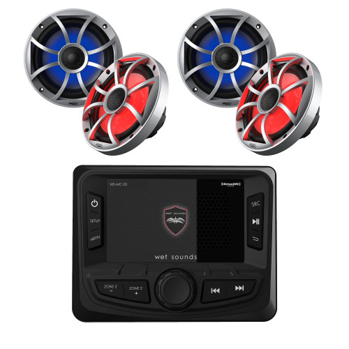 Wet Sounds WS-MC-2 Marine Radio with 2 Pairs Wet Sounds OEM Replacement 65ic-S RGB Led XS-Series Silver Cone 6.5" Coaxial Speakers Pair