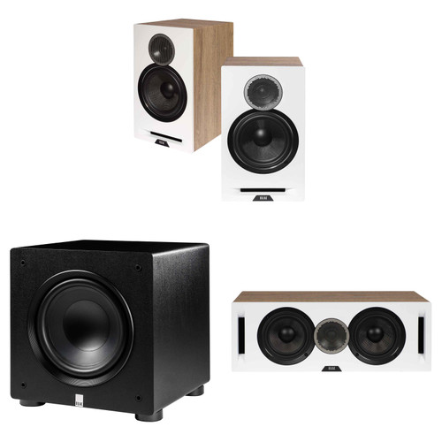 Elac DBR62-W - Debut Reference 6.5" Bookshelf Speakers - White, Pair, Elac DCR52-W - Debut Reference 5.25" Center Speaker - White and Elac PS250-BK - Varro Premium 10" 250 Watt Powered Subwoofer with Auto-EQ