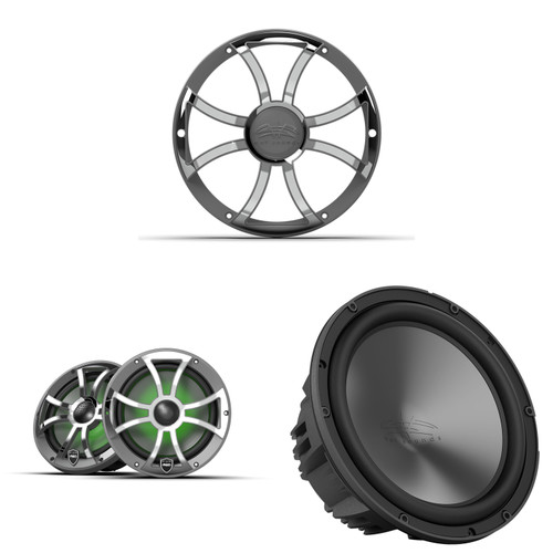 Wet Sounds Marine REVO Gunmetal/Stainless XS Grill Boat Speaker Bundle (2) 8" & 10" Subwoofer, Center Console, Bay Boat Upgrade