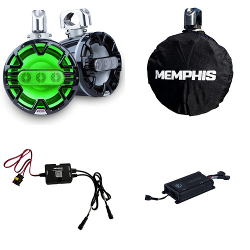 Memphis Audio MM84TB 8" A.T.A.C Black Wake Tower Speakers & 800W MX800.4 4-Ch Marine Amp RGB IP66 Bundle