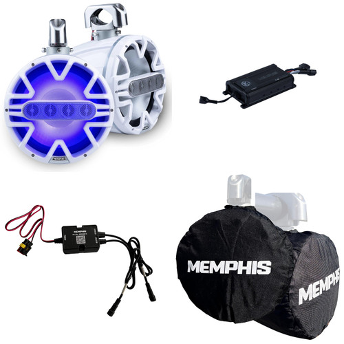 Memphis Audio MM105TB 10" A.T.A.C White Wake Tower Speakers & 800W MX800.4 4-Ch Marine Amp RGB IP66 Bundle