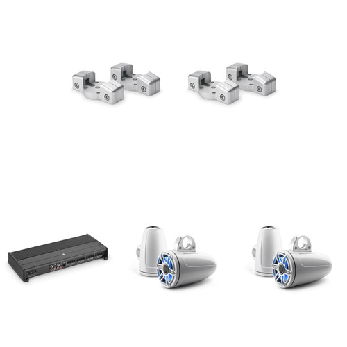 JL Audio MasterCraft Tower Speaker System – (4) M6 7.7" RGB LED Coaxial Speakers with M-MCPv3-MC/LP Mounts & XDM800/8 8-Channel Amplifier – White Sport Grille Marine Audio Upgrade