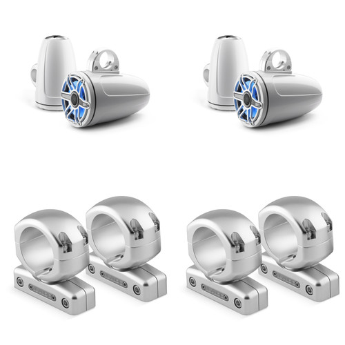 JL Audio Roswell Tower Speaker System – (4) M6 7.7" RGB LED Coaxial Speakers with 2.5" Swivel Clamps – White Sport Grille Marine Audio Upgrade